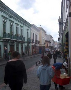 A street in the colonial sector of downtown Quito